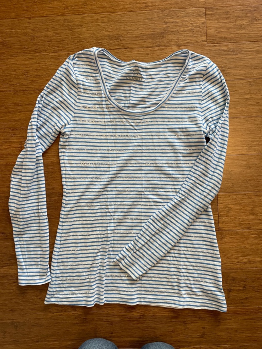 Women's Blue & White Sparkling Striped Long-Sleeve Scoop Neck Tee